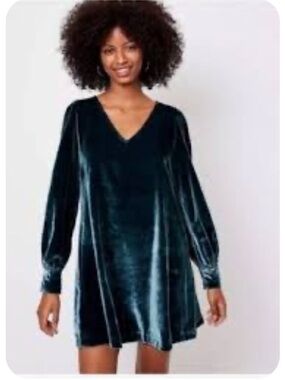 LOFT Teal Velvet V-Neck Long Sleeve Dress